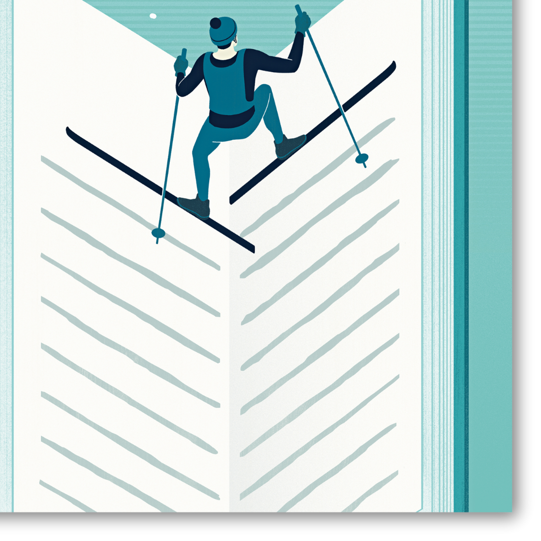 Dettaglio Quadro Writing About Ski - un'opera d'arte originale di Joey Guidone che ritrae un sciatore in azione sulle pagine di un libro aperto, simboleggiando le storie avvincenti che si nascondono in ogni discesa innevata.