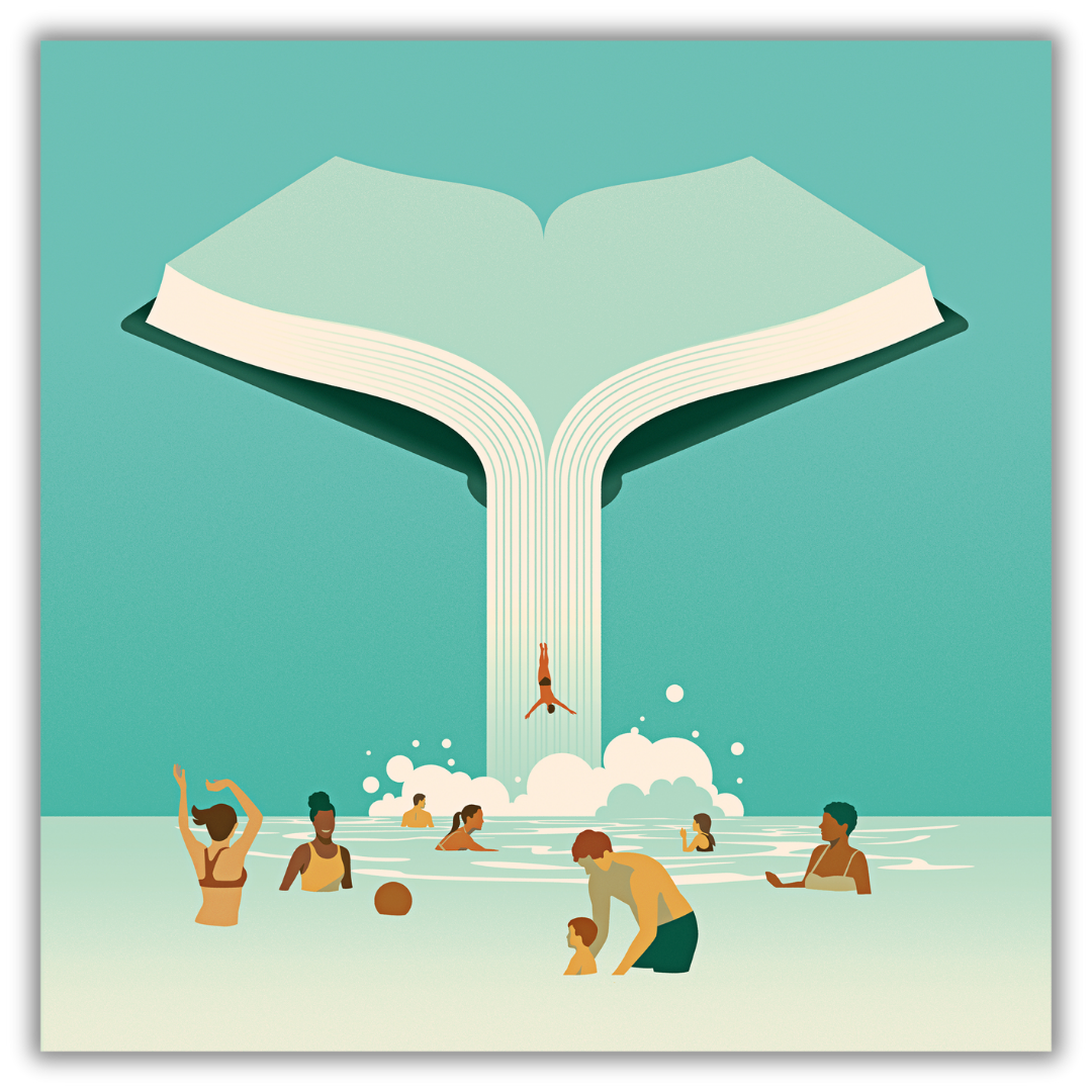Quadro Waterfall of Knowledge di Joey Guidone: un libro aperto da cui sgorga una cascata vivace, con persone che si divertono e interagiscono nell'acqua, simbolizzando il piacere dell'apprendimento e il rinfrescante flusso di conoscenza.