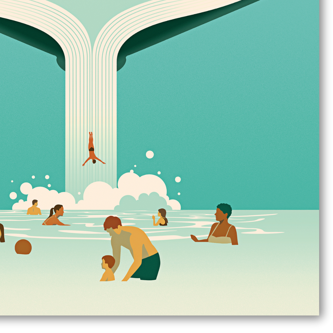 Dettaglio Quadro Waterfall of Knowledge di Joey Guidone: un libro aperto da cui sgorga una cascata vivace, con persone che si divertono e interagiscono nell'acqua, simbolizzando il piacere dell'apprendimento e il rinfrescante flusso di conoscenza.