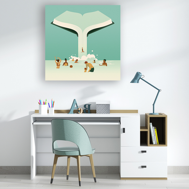 Studio ambientato con Waterfall of Knowledge di Joey Guidone: un libro aperto da cui sgorga una cascata vivace, con persone che si divertono e interagiscono nell'acqua, simbolizzando il piacere dell'apprendimento e il rinfrescante flusso di conoscenza.