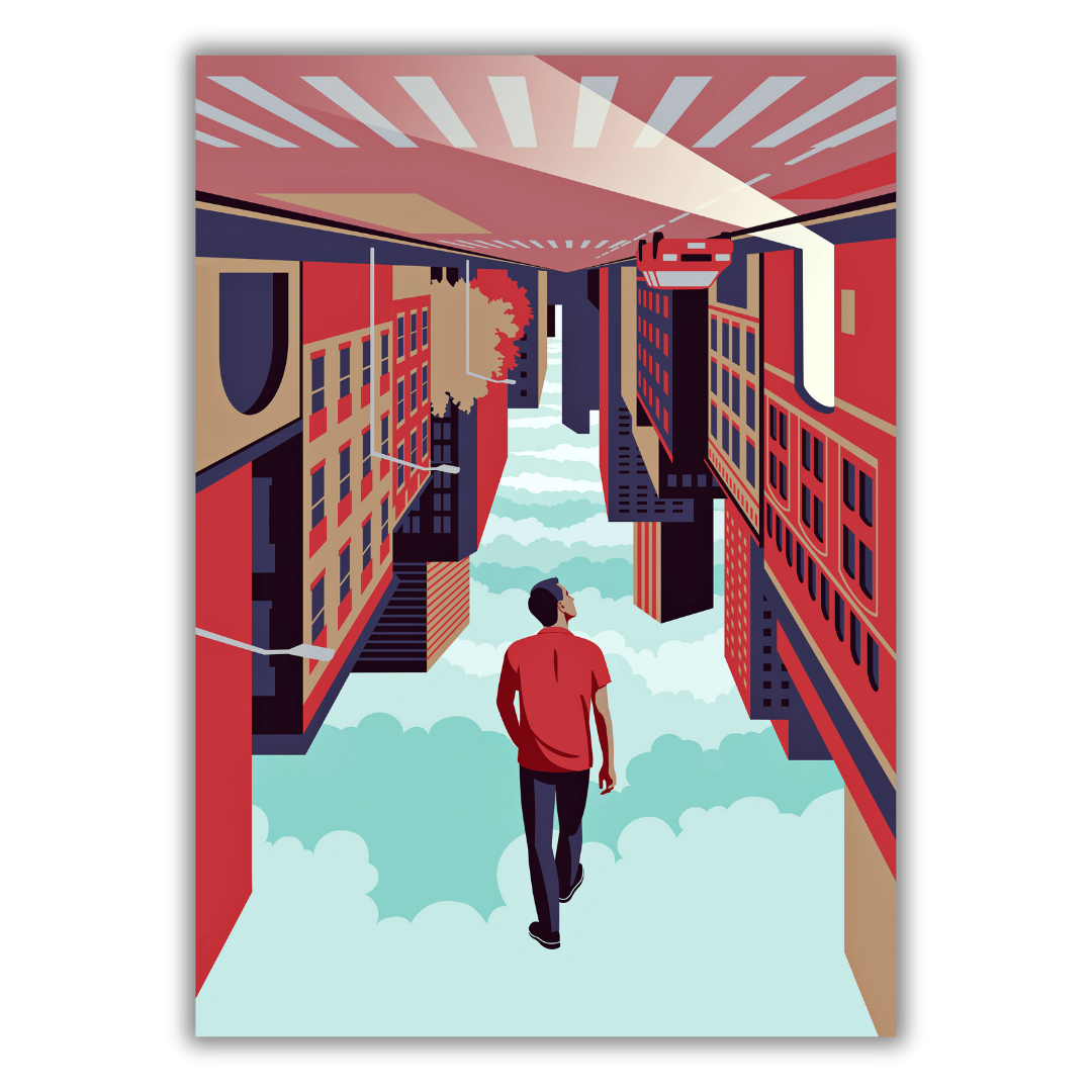 Quadro Upside-down World di Joey Guidone, un'arte che presenta un uomo che cammina tra gli edifici sospesi nel cielo, in un mondo capovolto che sfida le percezioni e invita alla riflessione.