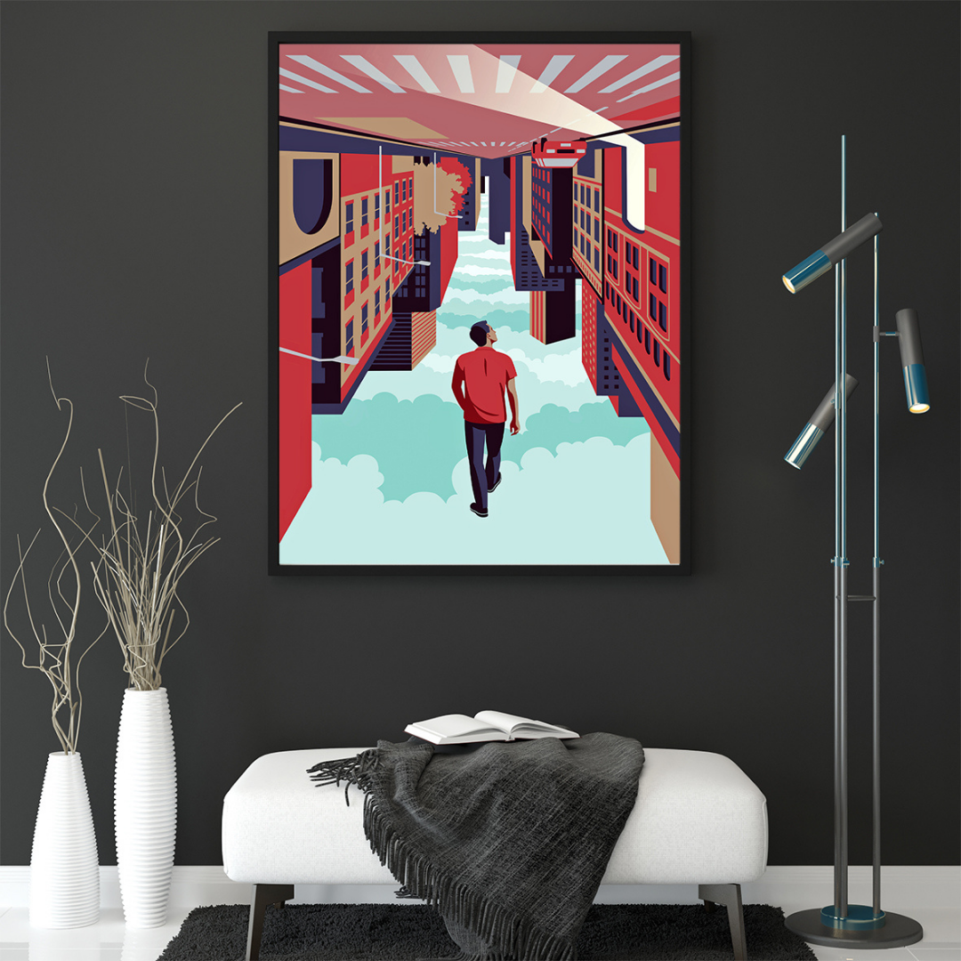 Ambientazione ingresso con Upside-down World di Joey Guidone, un'arte che presenta un uomo che cammina tra gli edifici sospesi nel cielo, in un mondo capovolto che sfida le percezioni e invita alla riflessione.