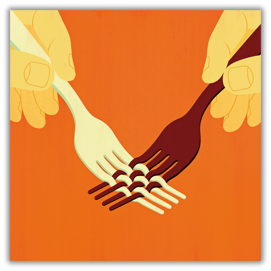 Quadro opera d'arte di Joey Guidone che raffigura due mani che si uniscono per condividere il cibo con forchette intrecciate su sfondo arancione.