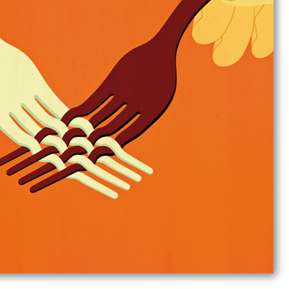 Dettaglio quadro opera d'arte di Joey Guidone che raffigura due mani che si uniscono per condividere il cibo con forchette intrecciate su sfondo arancione.