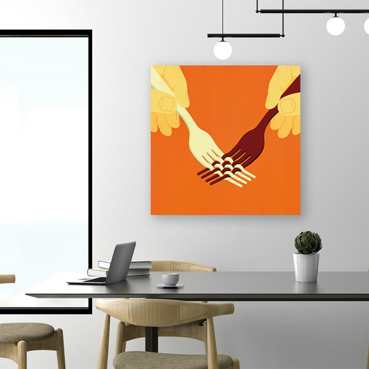 Ambientazione quadro opera d'arte di Joey Guidone che raffigura due mani che si uniscono per condividere il cibo con forchette intrecciate su sfondo arancione.