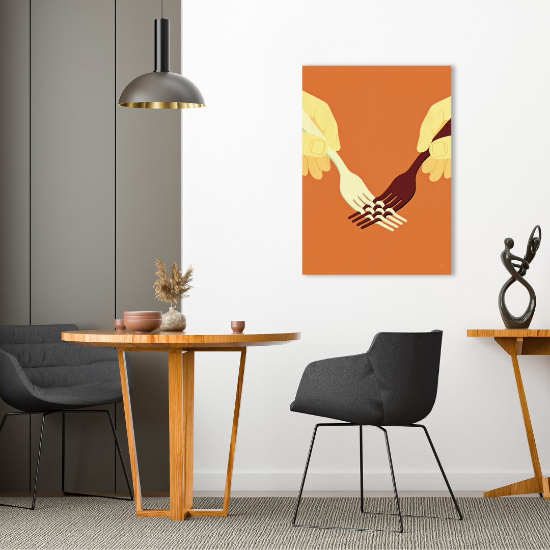 Ambientazione soggetto verticale quadro opera d'arte di Joey Guidone che raffigura due mani che si uniscono per condividere il cibo con forchette intrecciate su sfondo arancione.