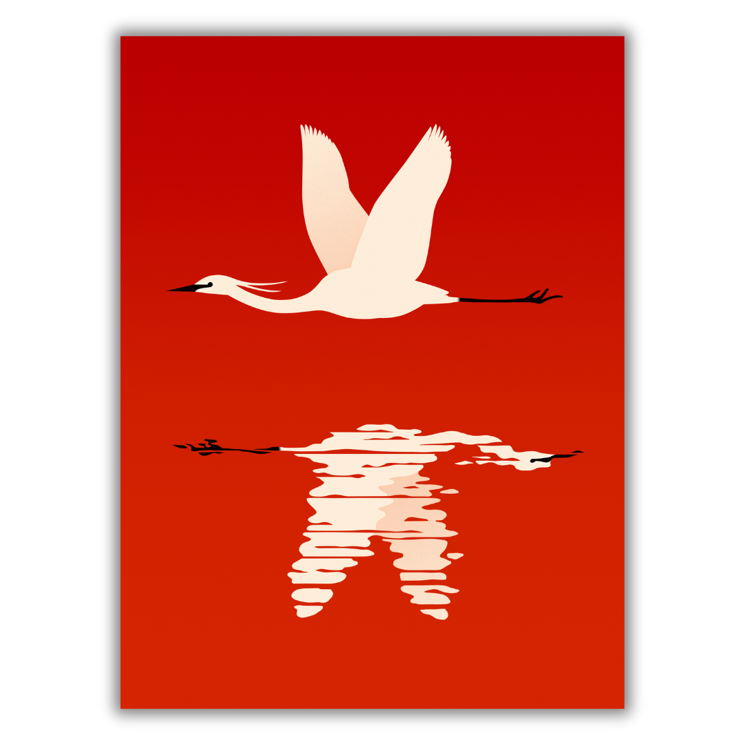 Quadro con Una gru bianca elegante in volo su uno sfondo rosso vivo riflesso sull'acqua, nell'opera "Volo Pindarico" di Joey Guidone.