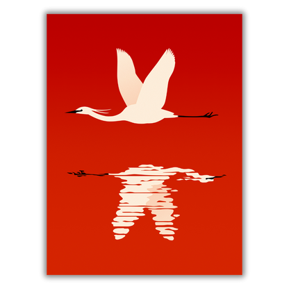 Quadro con Una gru bianca elegante in volo su uno sfondo rosso vivo riflesso sull'acqua, nell'opera "Volo Pindarico" di Joey Guidone.