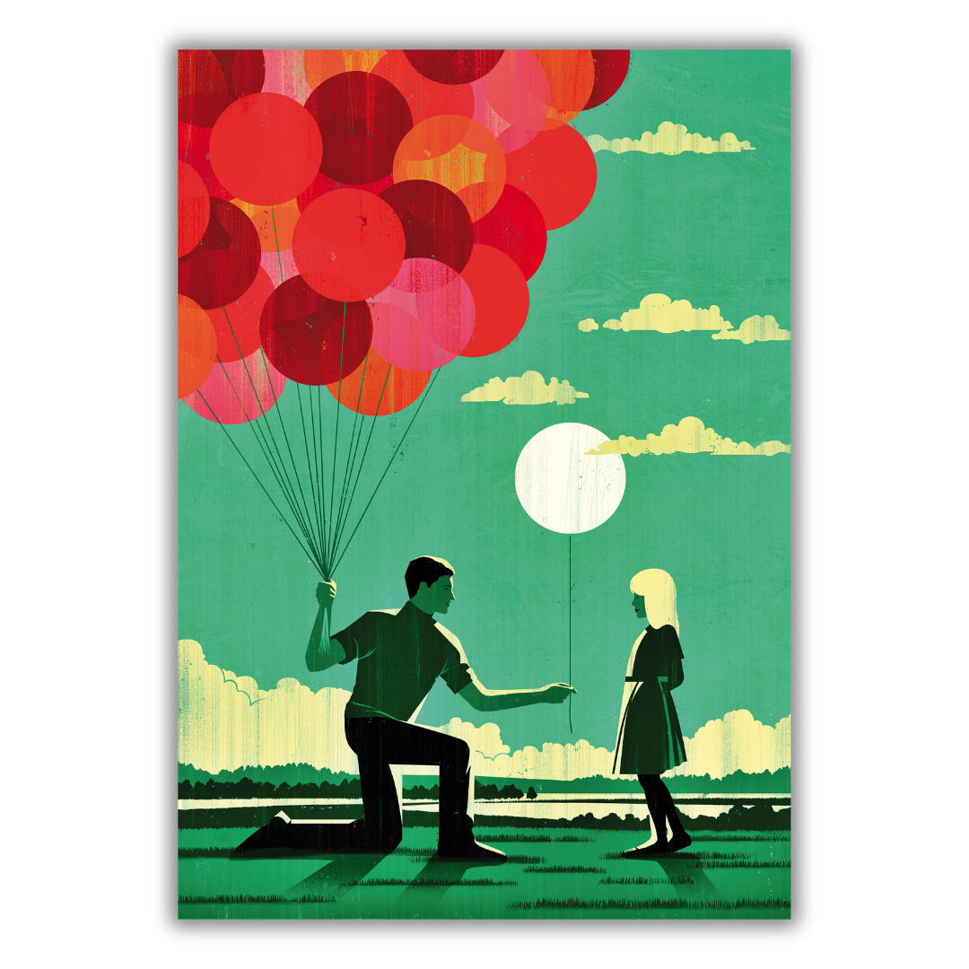 Quadro con Un uomo offre un mazzo di palloncini colorati a una donna in un campo, rappresentando l'arte dell'altruismo efficace.