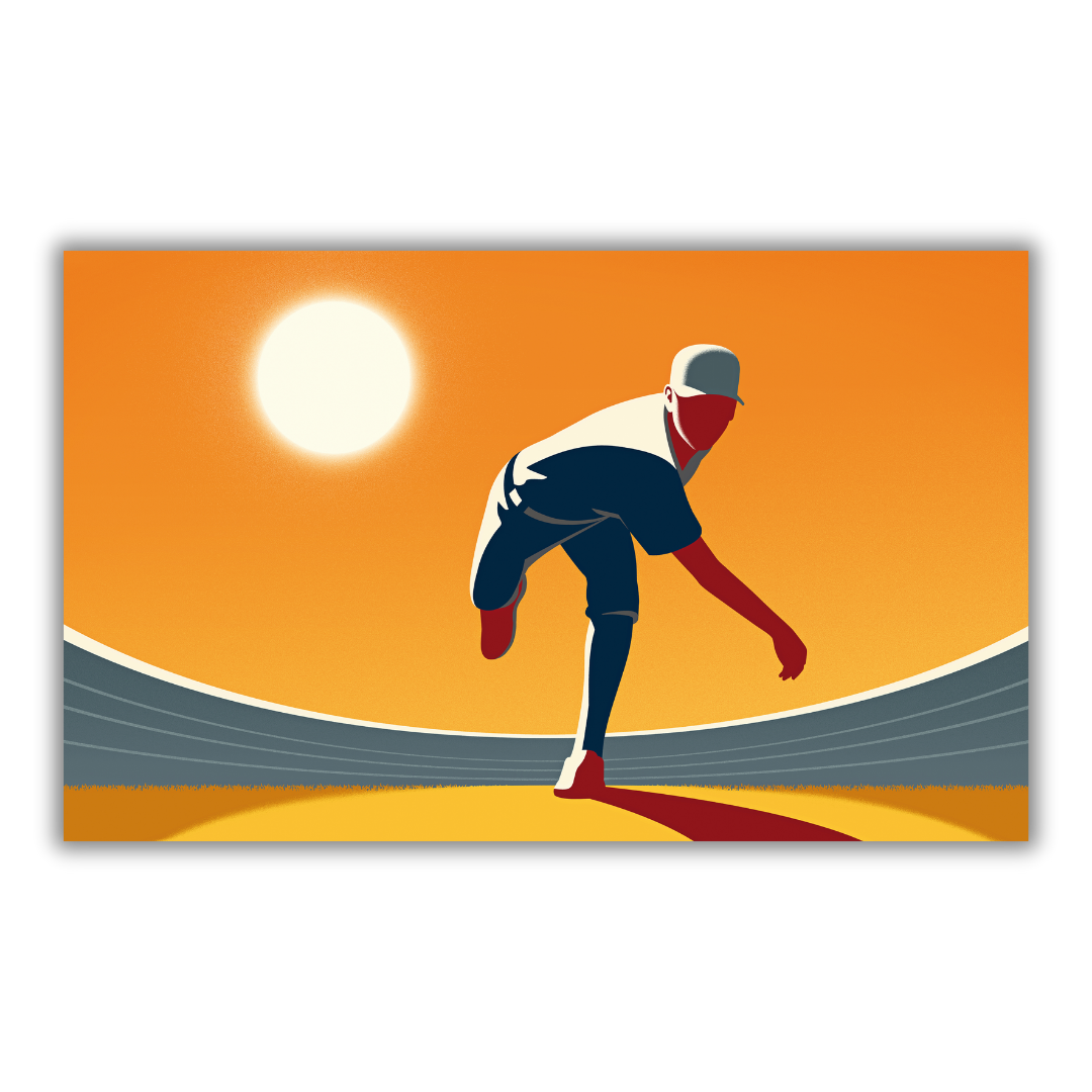 Quadro 'Baseball Pitcher' di Joey Guidone, che mostra un lanciatore in azione al tramonto, esemplifica energia e passione sportiva.