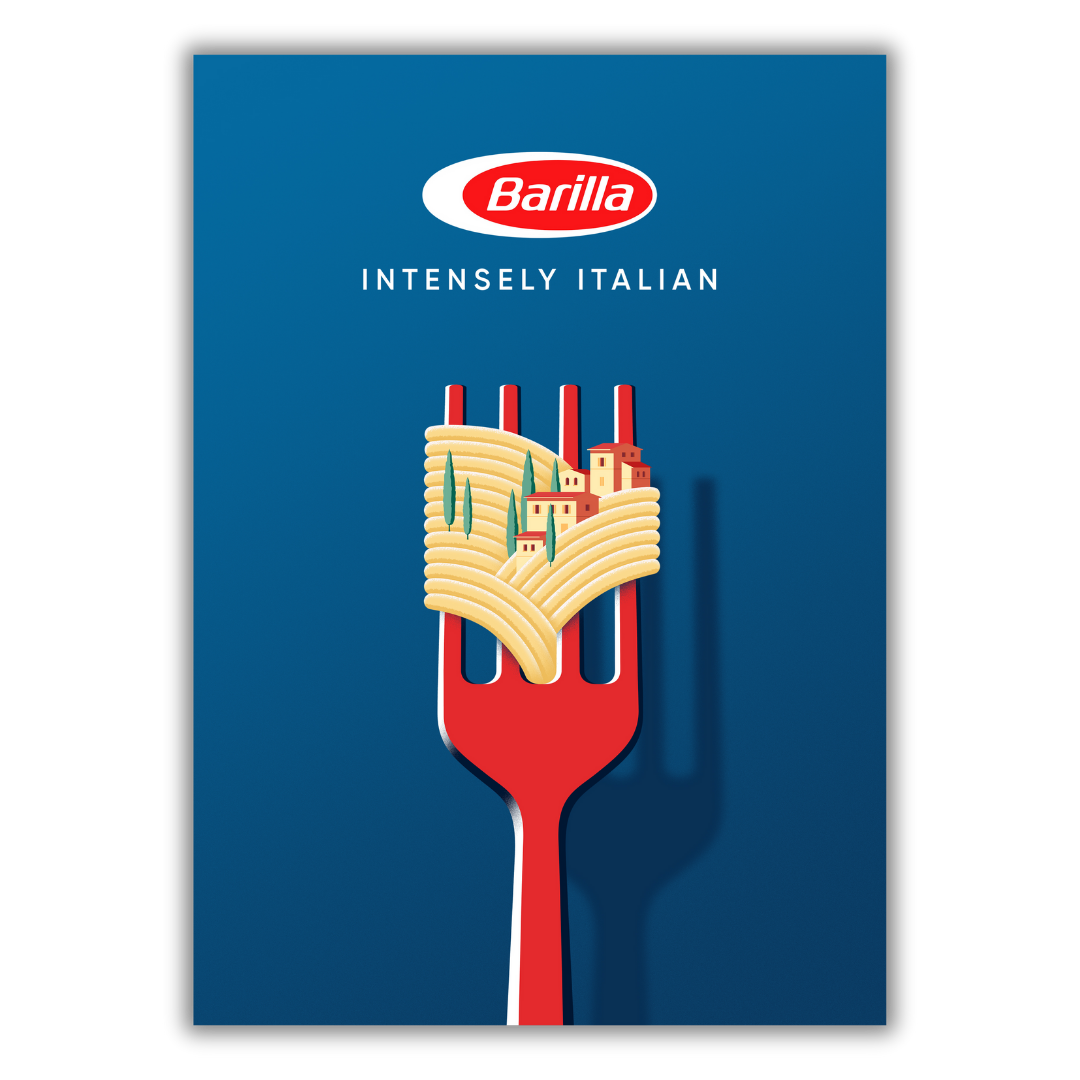 Quadro Opera artistica di Joey Guidone per Barilla, rappresentando spaghetti intrecciati in una scena di paesaggio italiano su una forchetta.
