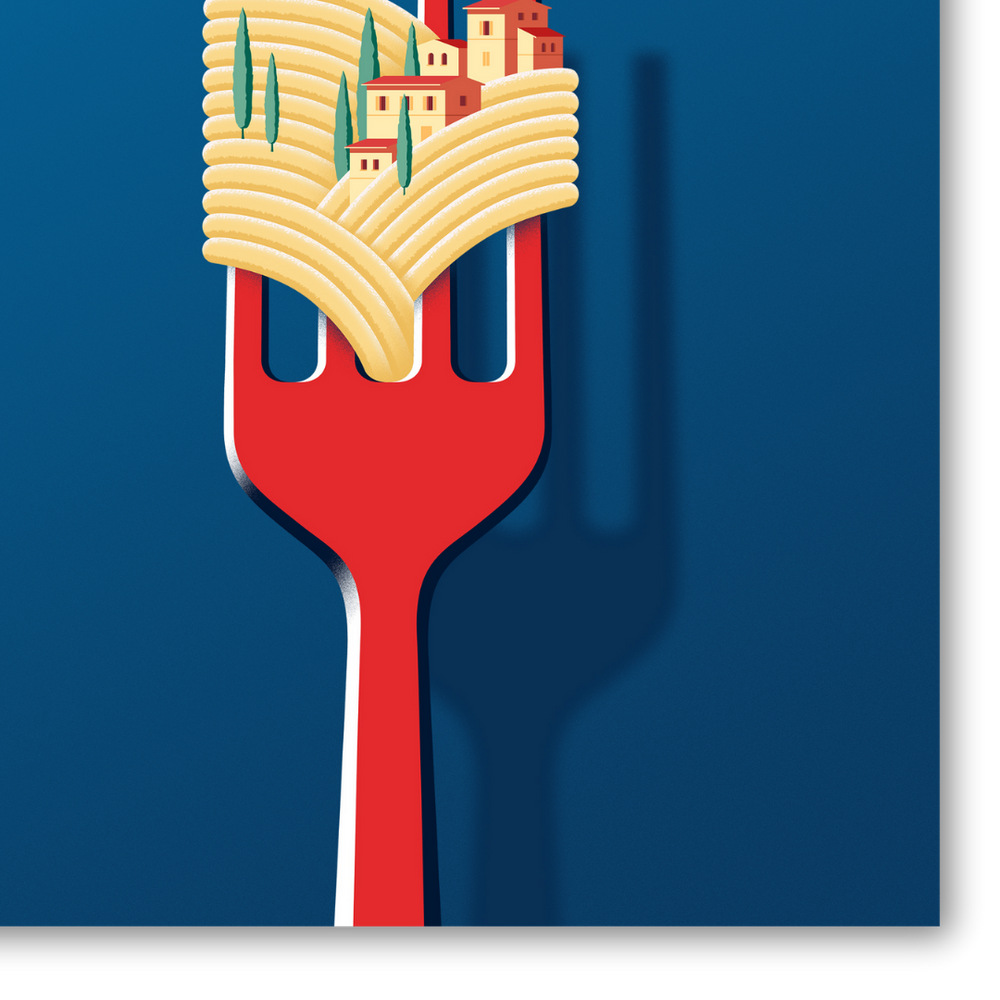 Dettaglio quadro Opera artistica di Joey Guidone per Barilla, rappresentando spaghetti intrecciati in una scena di paesaggio italiano su una forchetta.