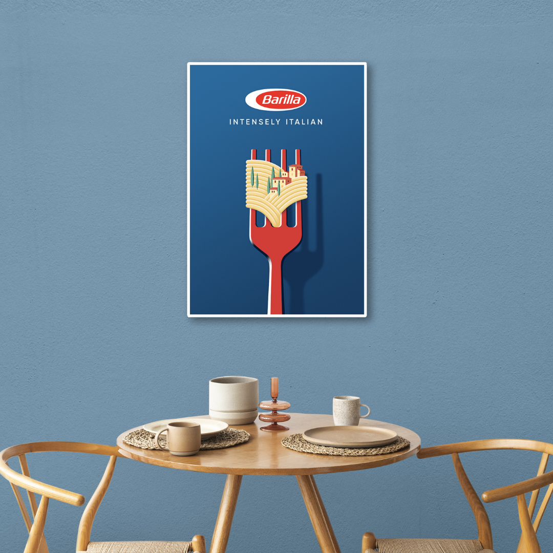 Ambientazione quadro Opera artistica di Joey Guidone per Barilla, rappresentando spaghetti intrecciati in una scena di paesaggio italiano su una forchetta.