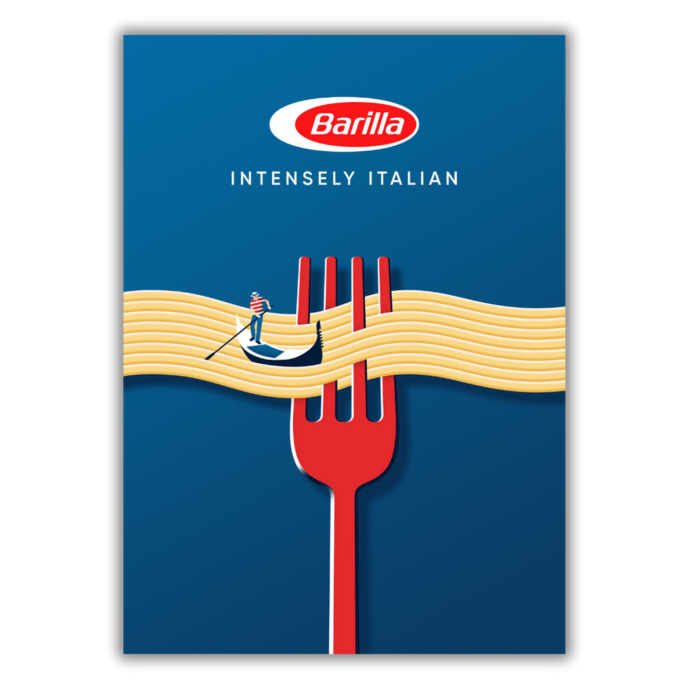 Quadro Illustrazione artistica di Joey Guidone per Barilla, mostrando linguine avvolte attorno a una forchetta con un gondoliere.