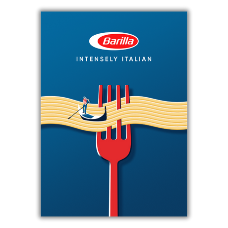 Quadro Illustrazione artistica di Joey Guidone per Barilla, mostrando linguine avvolte attorno a una forchetta con un gondoliere.