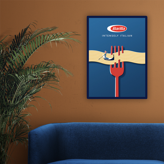 Ambientazione quadro Illustrazione artistica di Joey Guidone per Barilla, mostrando linguine avvolte attorno a una forchetta con un gondoliere.