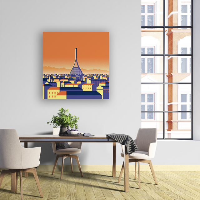 Ambientazione quadro Turin ATP Finals di Joey Guidone, un'illustrazione che rappresenta la Mole Antonelliana al tramonto in una vista cittadina di Torino, simbolo dell'eleganza sportiva e culturale.