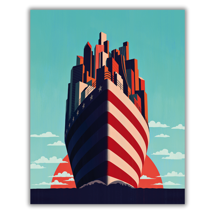 Quadro 'A New Horizon' di Joey Guidone, con grattacieli stilizzati e la bandiera americana, evoca progresso e speranza.