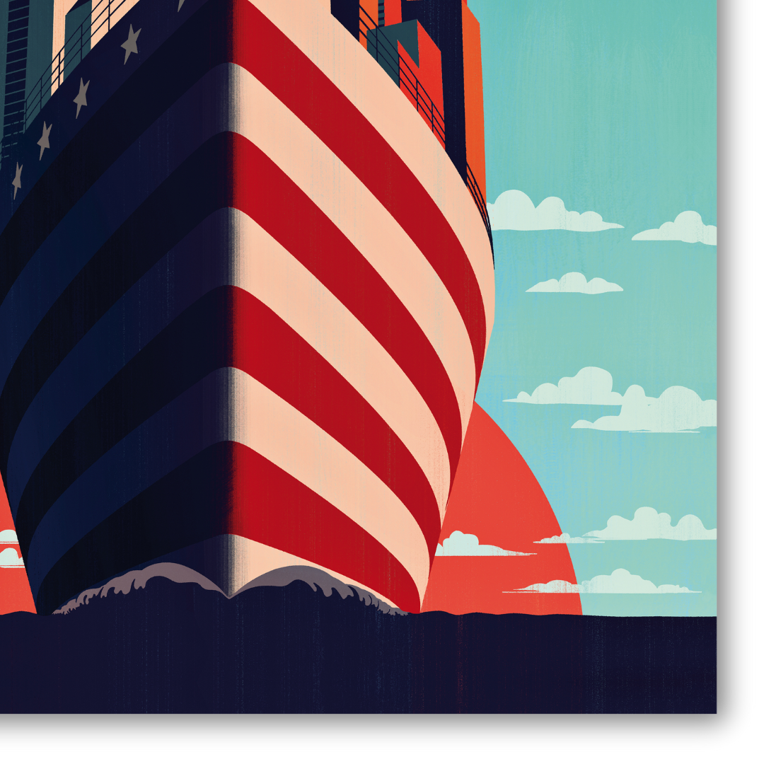 Dettaglio Quadro 'A New Horizon' di Joey Guidone, con grattacieli stilizzati e la bandiera americana, evoca progresso e speranza.