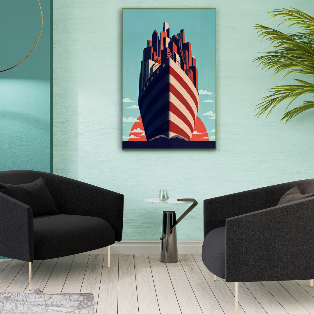 Ambientazione Quadro 'A New Horizon' di Joey Guidone, con grattacieli stilizzati e la bandiera americana, evoca progresso e speranza, in una sala sulla parete.