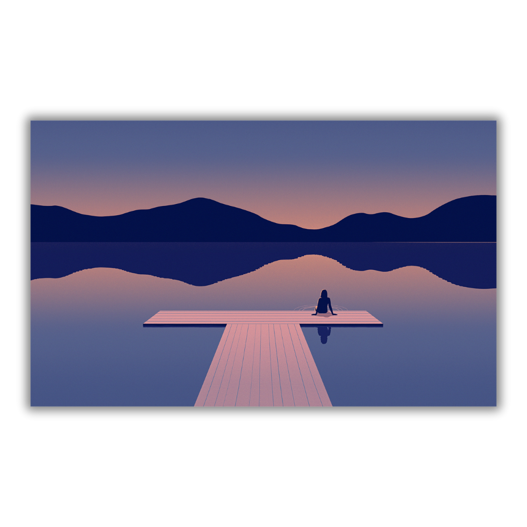 Quadro Arte contemporanea 'A Glassy Lake' di Joey Guidone, raffigurante una persona seduta su un molo in un lago calmo al tramonto, in una scena di pace.