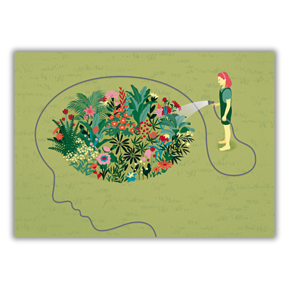 Quadro Illustrazione artistica 'Mind Garden' di Joey Guidone, che mostra una donna che innaffia un giardino di fiori colorati all'interno del profilo di una testa umana.