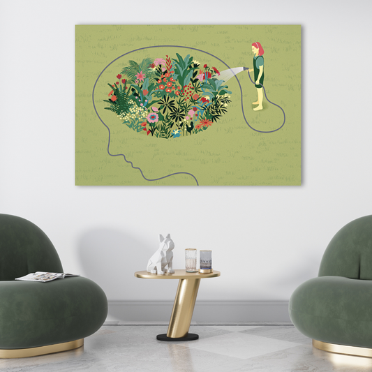 Ambientazione quadro Illustrazione artistica 'Mind Garden' di Joey Guidone, che mostra una donna che innaffia un giardino di fiori colorati all'interno del profilo di una testa umana.