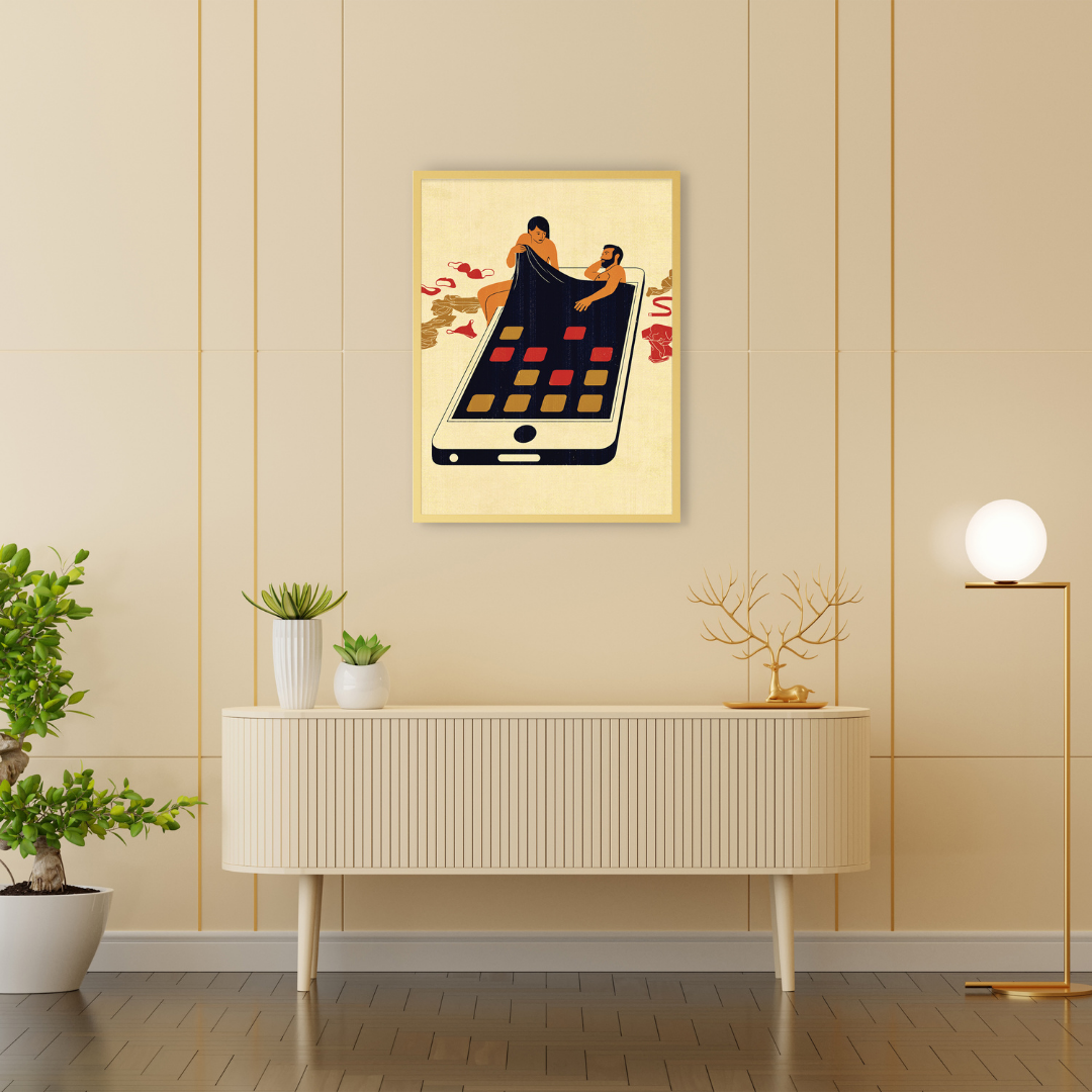 Ambientazione quadro Technology & Infidelity di Joey Guidone, rappresentazione artistica che incapsula l'impatto della tecnologia sulle relazioni moderne attraverso figure che interagiscono con un gigantesco smartphone.