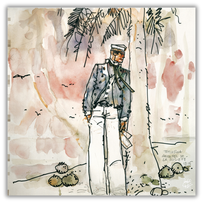 Quadro Corto Maltese ritratto in uno scenario polinesiano, immerso nella serenità tropicale dell'arte di Pratt.
