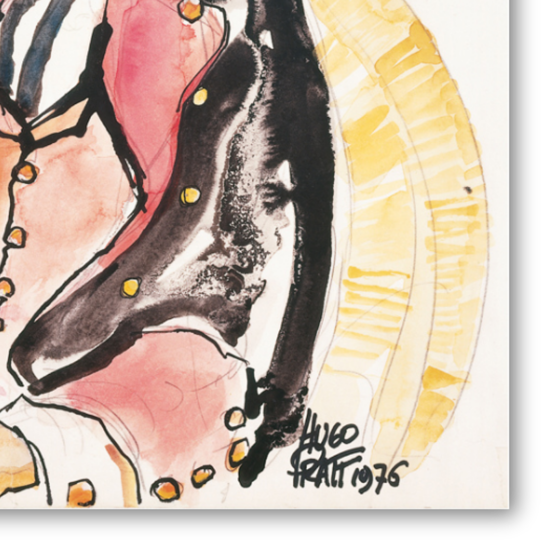 Dettaglio Ritratto espressivo di Corto Maltese seduto, ricco di colori e profonda contemplazione.