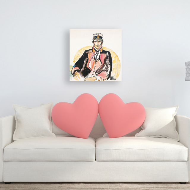 Ambientazione Ritratto espressivo di Corto Maltese seduto, ricco di colori e profonda contemplazione.