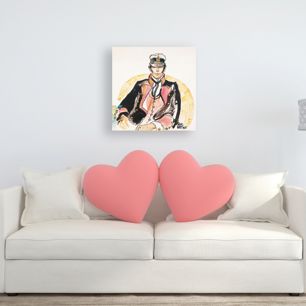 Ambientazione Ritratto espressivo di Corto Maltese seduto, ricco di colori e profonda contemplazione.