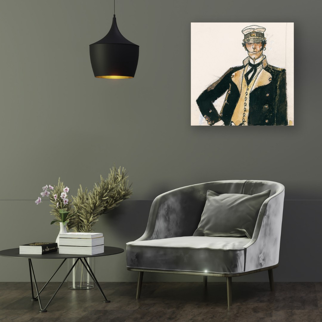 Ambientazione Ritratto di Corto Maltese in giacca nautica, espressione di eleganza e avventura marina.