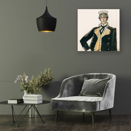 Ambientazione Ritratto di Corto Maltese in giacca nautica, espressione di eleganza e avventura marina.