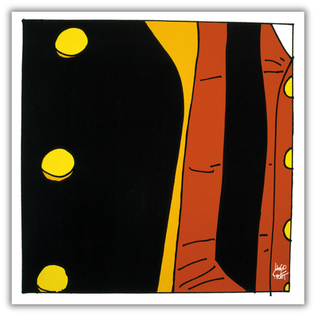 Quadro Arte di dettaglio con giacca nera e bottoni dorati di Corto Maltese su sfondo arancione.