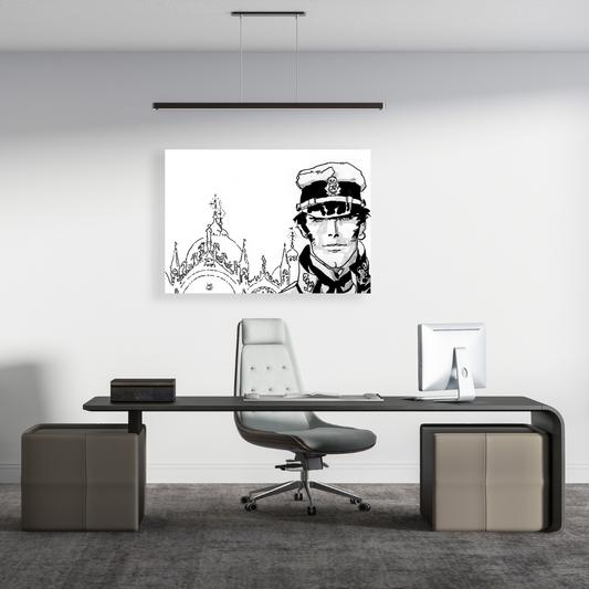 Ambientazione in ufficio di Corto Maltese ritratto con sullo sfondo la silhouette di Venezia, arte narrativa in bianco e nero.