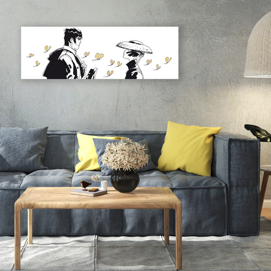 Ambientazione Arte monocromatica 'Butterfly' con due personaggi di Corto Maltese e farfalle stilizzate in sfondo.