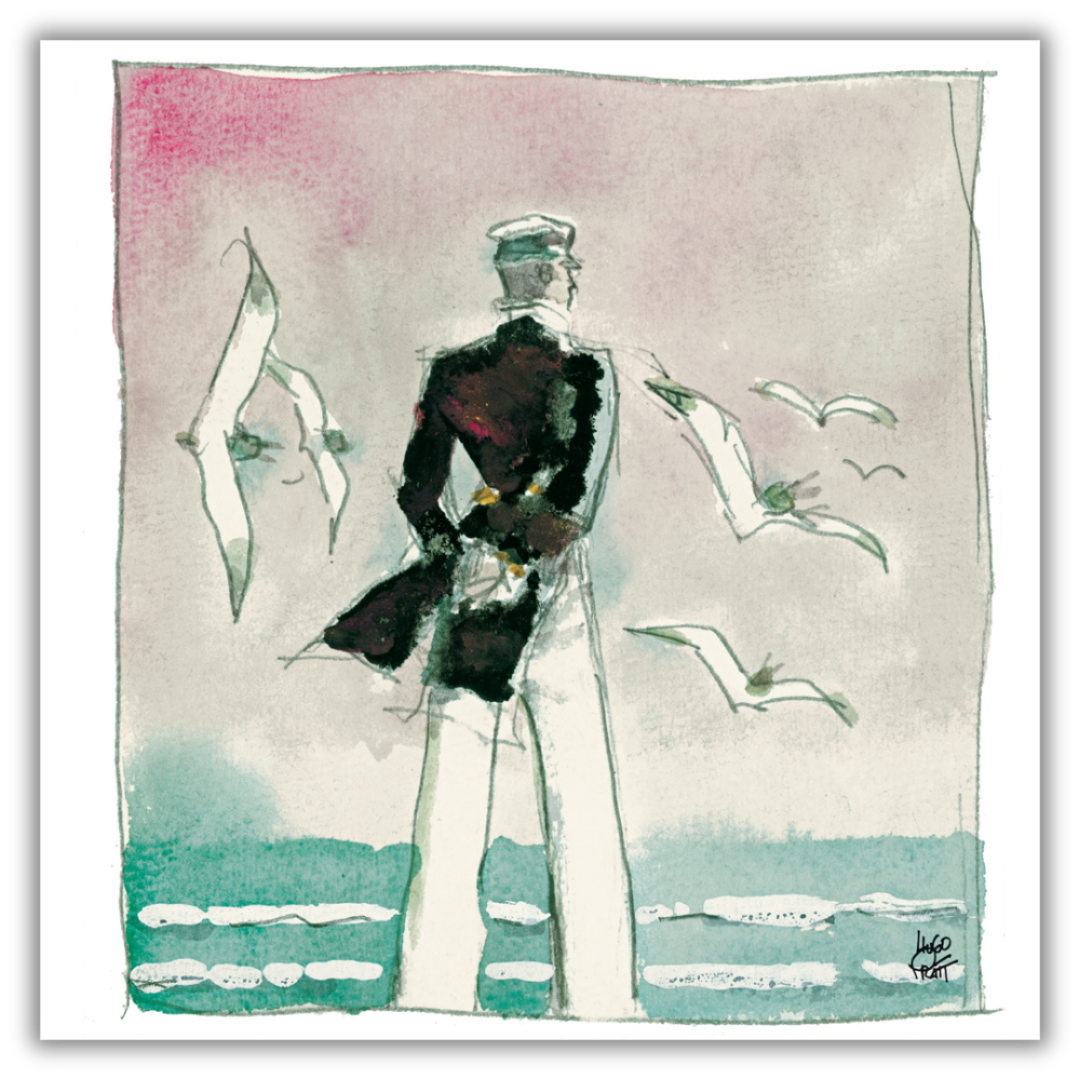 Quadro di Hugo Pratt che mostra Corto Maltese contemplativo tra gabbiani in volo, simbolo di libertà e avventura.