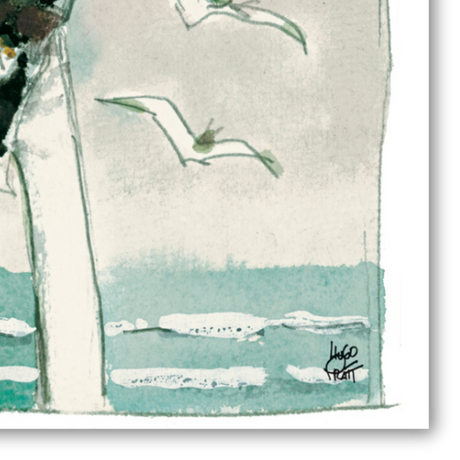 Dettaglio quadro di Hugo Pratt che mostra Corto Maltese contemplativo tra gabbiani in volo, simbolo di libertà e avventura.