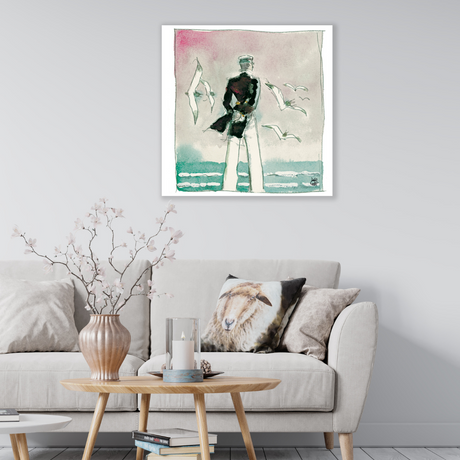 Ambientazione quadro di Hugo Pratt che mostra Corto Maltese contemplativo tra gabbiani in volo, simbolo di libertà e avventura.