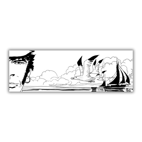 Quadro Ritratto in bianco e nero con veliero e gabbiani, simbolo di avventura e libertà.