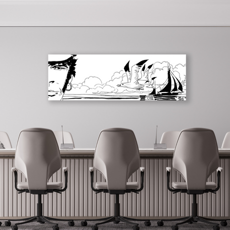 Ambientazione Ritratto in bianco e nero con veliero e gabbiani, simbolo di avventura e libertà.