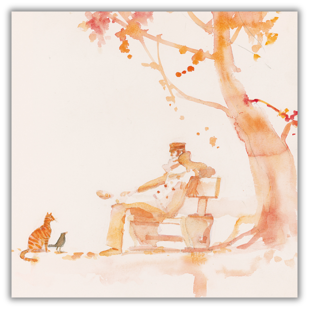 Quadro Scena autunnale tranquilla con figura rilassata e gatto su panchina, acquerello che celebra l'autunno.