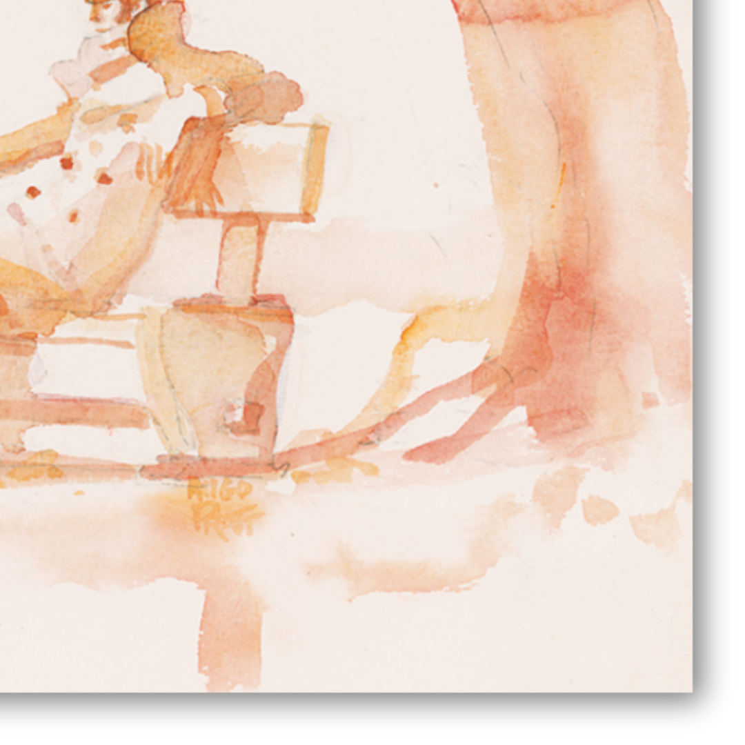 Dettaglio Quadro Scena autunnale tranquilla con figura rilassata e gatto su panchina, acquerello che celebra l'autunno.