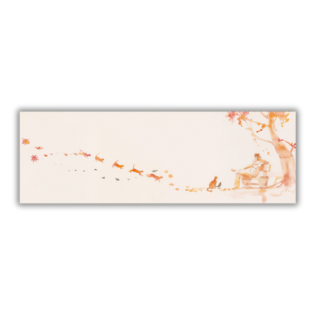 Quadro Uomo seduto con gatto sotto albero autunnale, evocativo acquerello dei giorni d'autunno sereni.