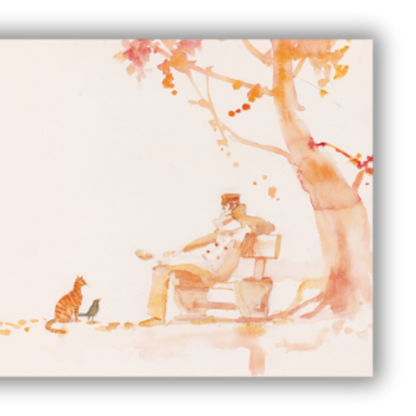 Dettaglio Quadro Uomo seduto con gatto sotto albero autunnale, evocativo acquerello dei giorni d'autunno sereni.