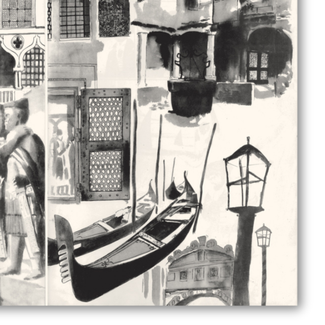Dettaglio Quadro Collage artistico di Venezia con elementi iconici in bianco e nero che evocano il fascino storico della città lagunare.