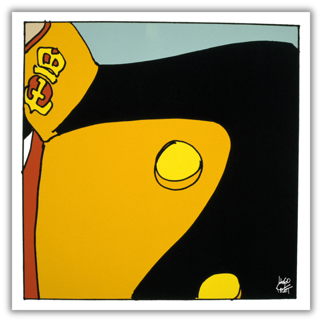 Quadro Stampa artistica minimalista raffigurante il bavero giallo e nero di Corto Maltese, simbolo di avventura e stile.