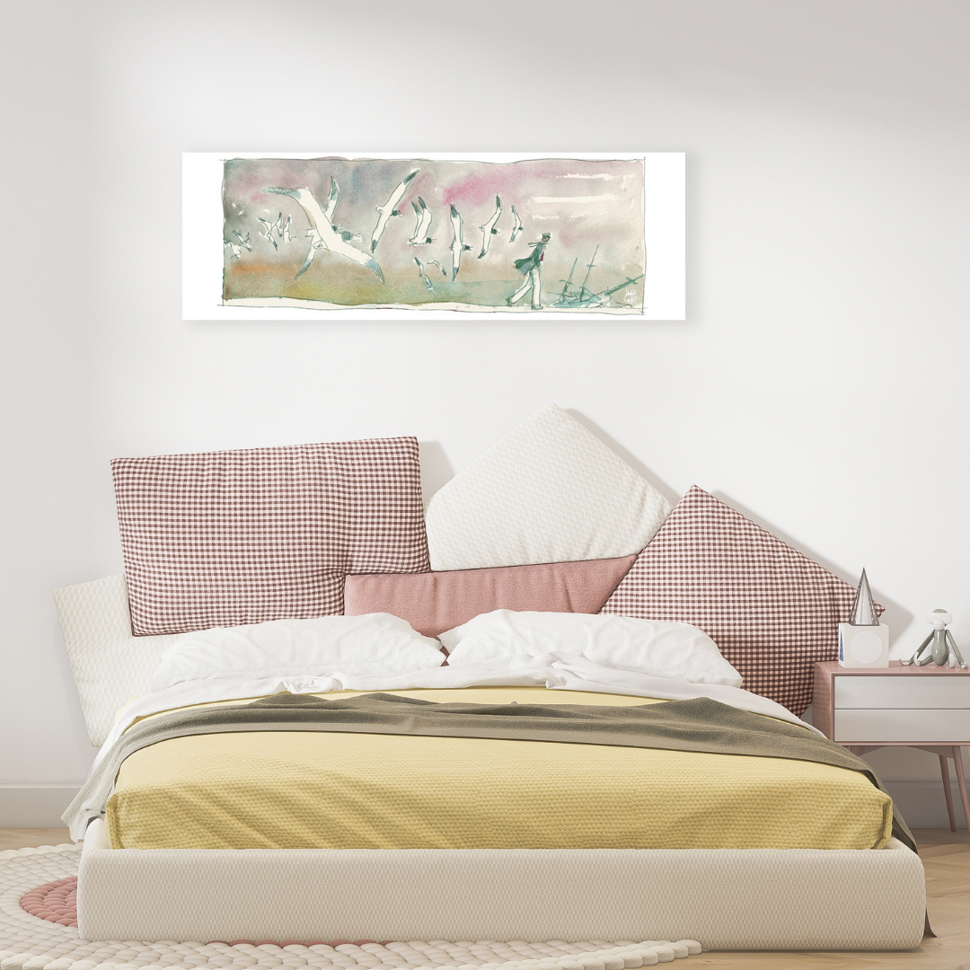 Ambientazione Opera esclusiva di Hugo Pratt, Corto Maltese tra i gabbiani sopra un relitto, arte da collezione.