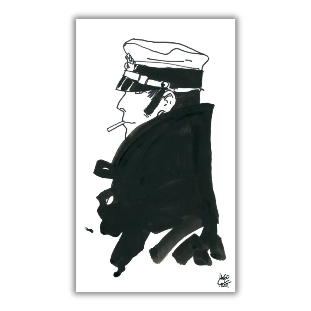 Quadro Arte di profilo in bianco e nero di Corto Maltese, evocativa e stilizzata.